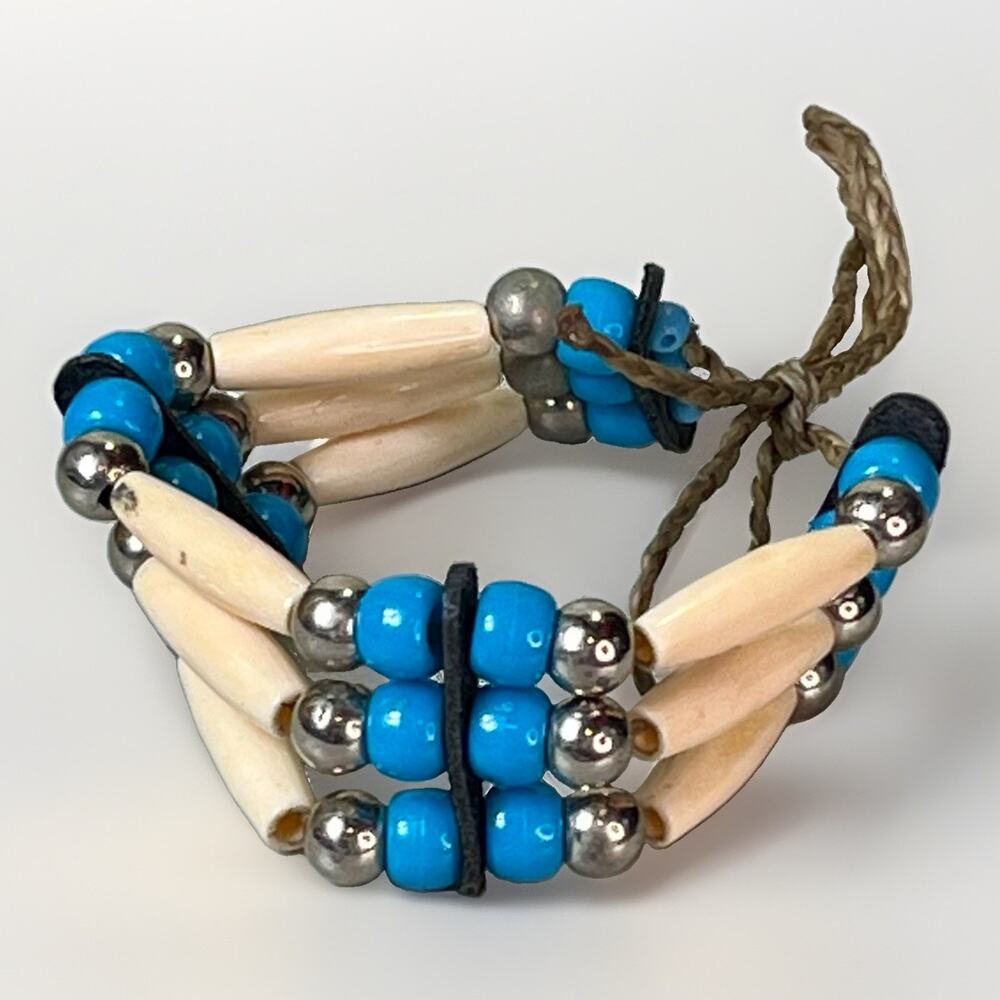 Southwestern Handmade Bone Turquoise Beaded Adjustable Leather Cuff Bracelet